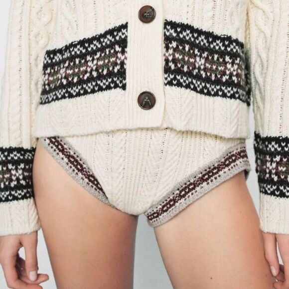 ZARA Jacquard Cable Knit Hight Waist Mini Shorts Women's Size Medium Cream - Picture 1 of 14